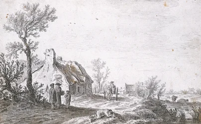 Camino rural con un carro de perros frente a una granja, 1626